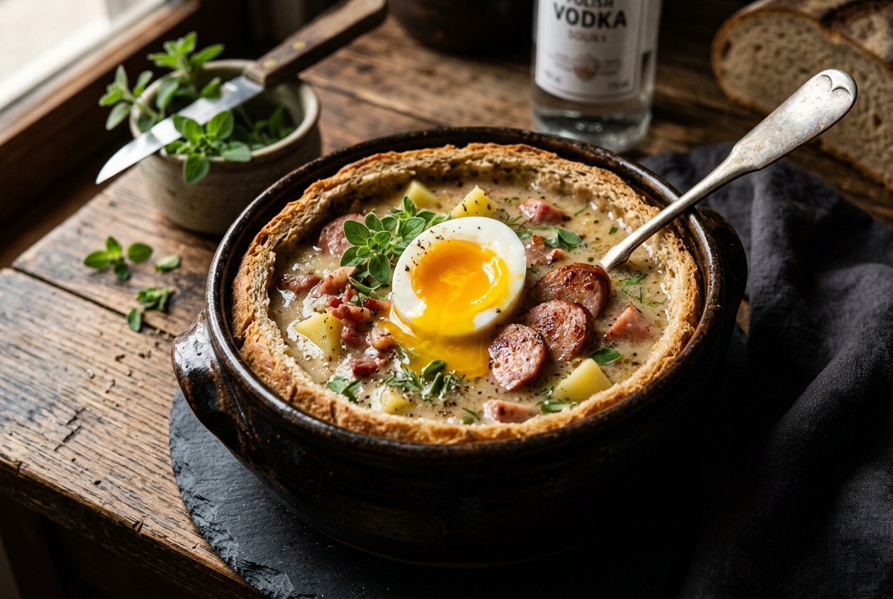 Artisanal Polish Żurek served in a crusty carved sourdough boule with golden soft egg and white sausage